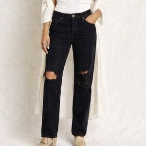 We The Free People Sz 31 Black Distressed Jeans High Rise Denim Straight Pants